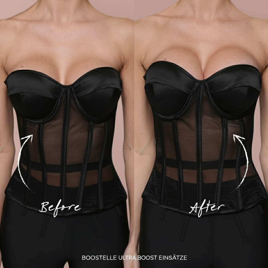 Vorher-Nachher-Vergleich der Boostelle Ultra Boost Einsätze in einem schwarzen Korsett oder Bustier. Zeigt sofortiges, fülliges Dekolleté und Volumensteigerung für trägerlose Kleidung und spezielle Anlässe.