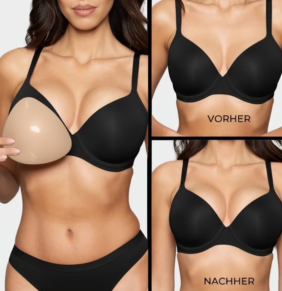Boostelle Ultra Boost Silikon-Brusteinsätze Vorher-Nachher-Vergleich. Frau zeigt den unsichtbaren Einsatz im schwarzen BH für sofortiges Volumen und einen volleren Push-up-Effekt.