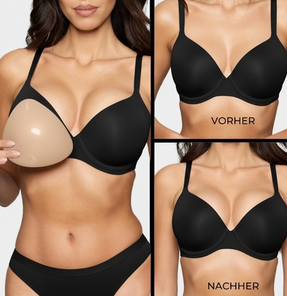 Boostelle Ultra Boost Silikon-Brusteinsätze Vorher-Nachher-Vergleich. Frau zeigt den unsichtbaren Einsatz im schwarzen BH für sofortiges Volumen und einen volleren Push-up-Effekt.