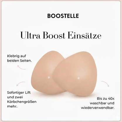 Infografik Boostelle Ultra Boost Einsätze: Zeigt klebende Silikon-Brusteinsätze für sofortigen Lift, zwei Körbchengrößen mehr und bis zu 40x wiederverwendbar/waschbar. Highlights der Produktvorteile.